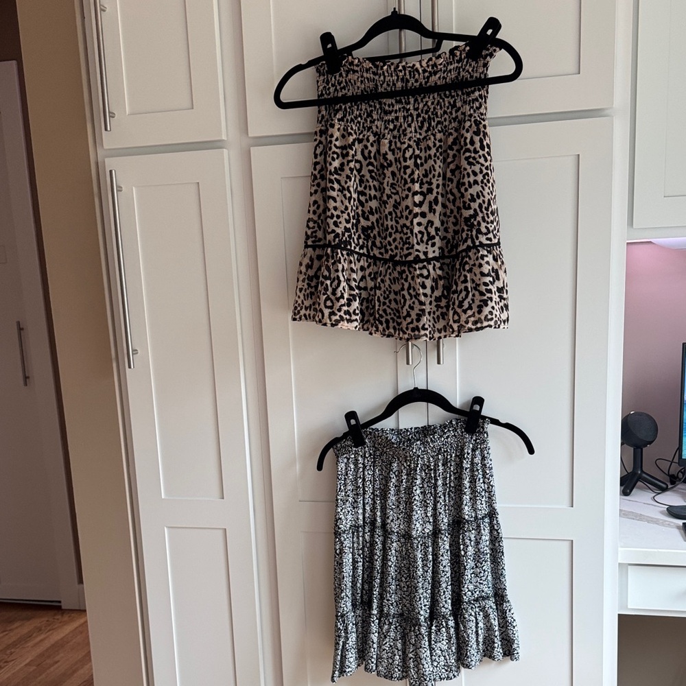 Leopard Print Tiered Skirt - Beige and Black and Black Floral Print Skirt Bundle